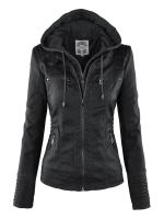 Chaqueta De Cuero Sintético Para Mujer Estilo Motociclista Con Capucha Negro Otoño-invierno Cierre De Cremallera Largo Regular - details 1