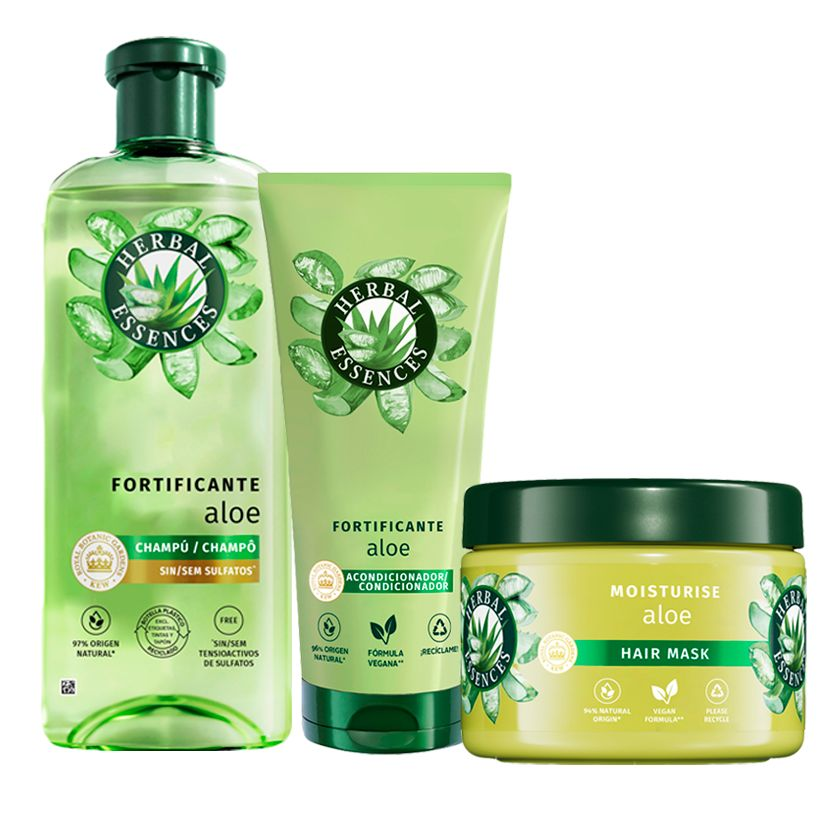Herbal Essences | Pack Aloe Fortificante: Champú 350ml + Acondicionador 250ml + Mascarilla 500ml. Para Pelo Muy Seco. Hidrata. Limpieza Profunda. De Origen Natural. Y Aroma A Jazmín