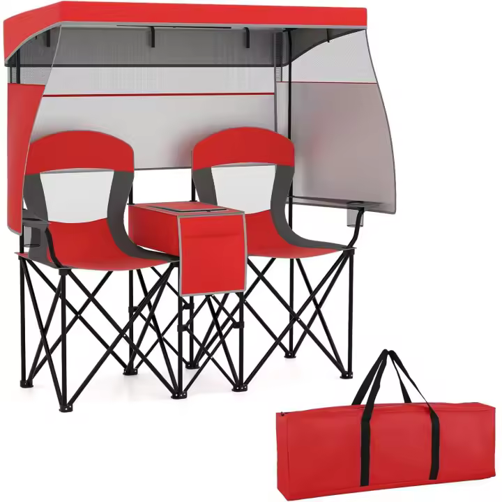 COSTWAY Sillas Plegables Camping Doble, Toldo Ajustable, Bolsa Nevera - 1