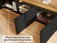 Mueble de TV LED negro brillo con almacenaje oculto, estantes de cristal y diseño moderno en madera – mesa TV elegante para salón - details 2