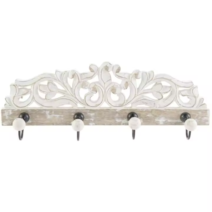 Dcasa Perchero de pared mango madera tallado metal 4 colgadores - 1