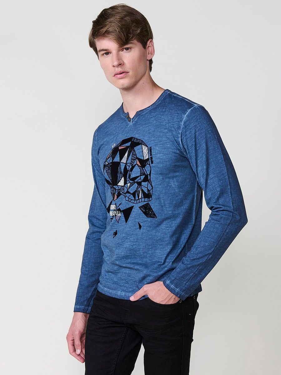 Koroshi Camiseta de hombre azul de manga larga, 100% algodón, con cuello redondo con abertura y estampado delantero.