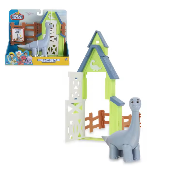 Dino Ranch - Dino Action Pack Brontosaurus, Juguete de la Serie de Dibujos Animados, con un Dinosaurio y un Rancho con Vayas, Coleccionable, 3 Modelos Diferentes, Niños + 4 años, Famosa (DNA05300) - 1