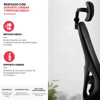 LUTODY - Silla de escritorio oficina con reposacabeza ajustable, Gaming, Respaldo red de malla transpirable, Soporte lumbar, Ergonómica con forro de nailon, Reposabrazo abatible, Rueda giratoria 360º, Pata PP, Escritorio, Para despacho centro trabajo - details 3