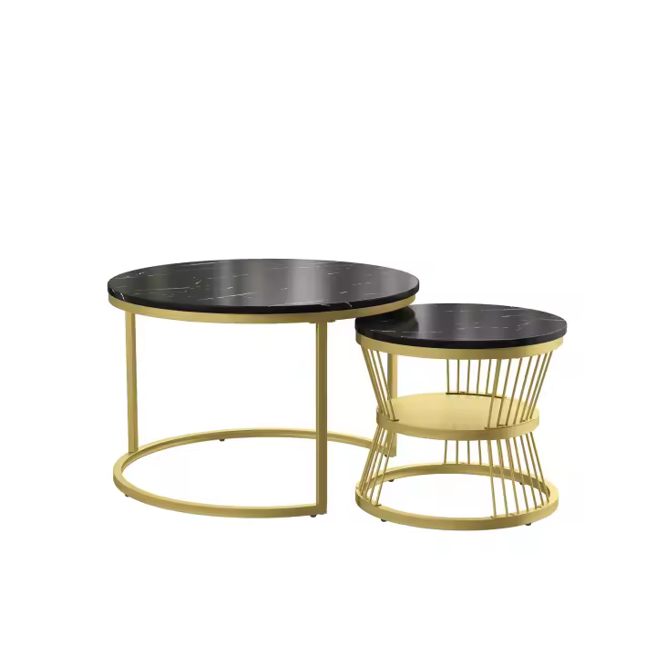 Set de 2 Mesas de Centro Nido Redondas, Negro Efecto Mármol, Estructura Metálica Dorada, 70 x 45,5 cm y 45 x 40 cm, Mesas Auxiliares Modernas para Salón - 1