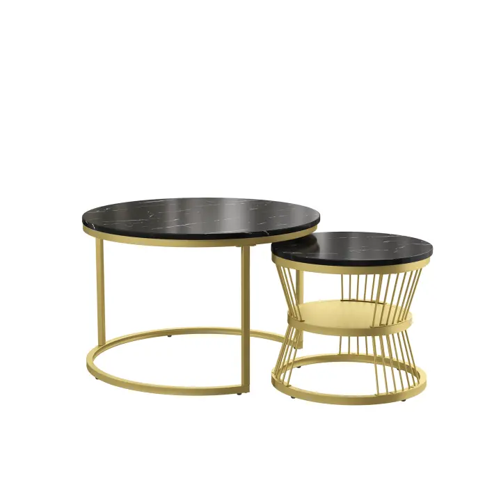 Set de 2 Mesas de Centro Nido Redondas, Negro Efecto Mármol, Estructura Metálica Dorada, 70 x 45,5 cm y 45 x 40 cm, Mesas Auxiliares Modernas para Salón - 1