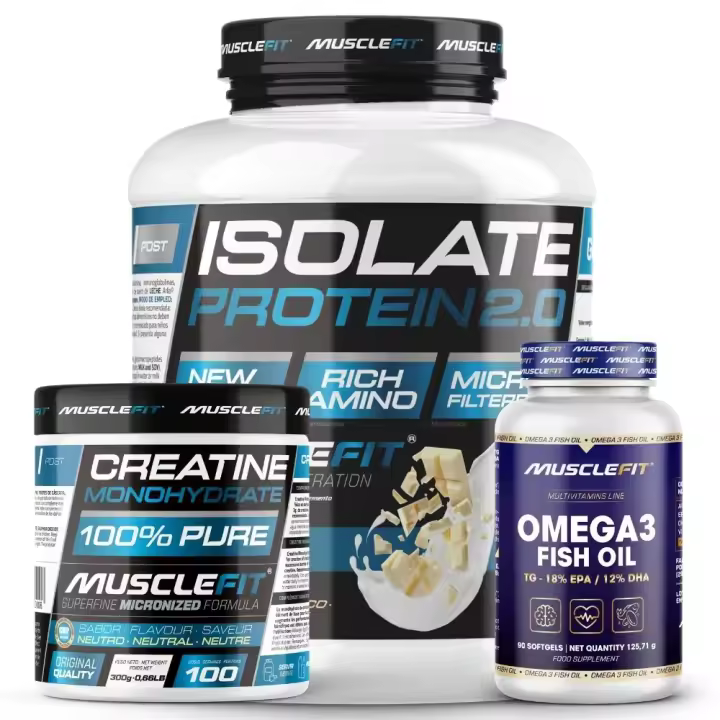 MUSCLEFIT Pack de Proteína ISOLATE 2kg + Creatina 300g + Omega 3 90 Cápsulas - 1
