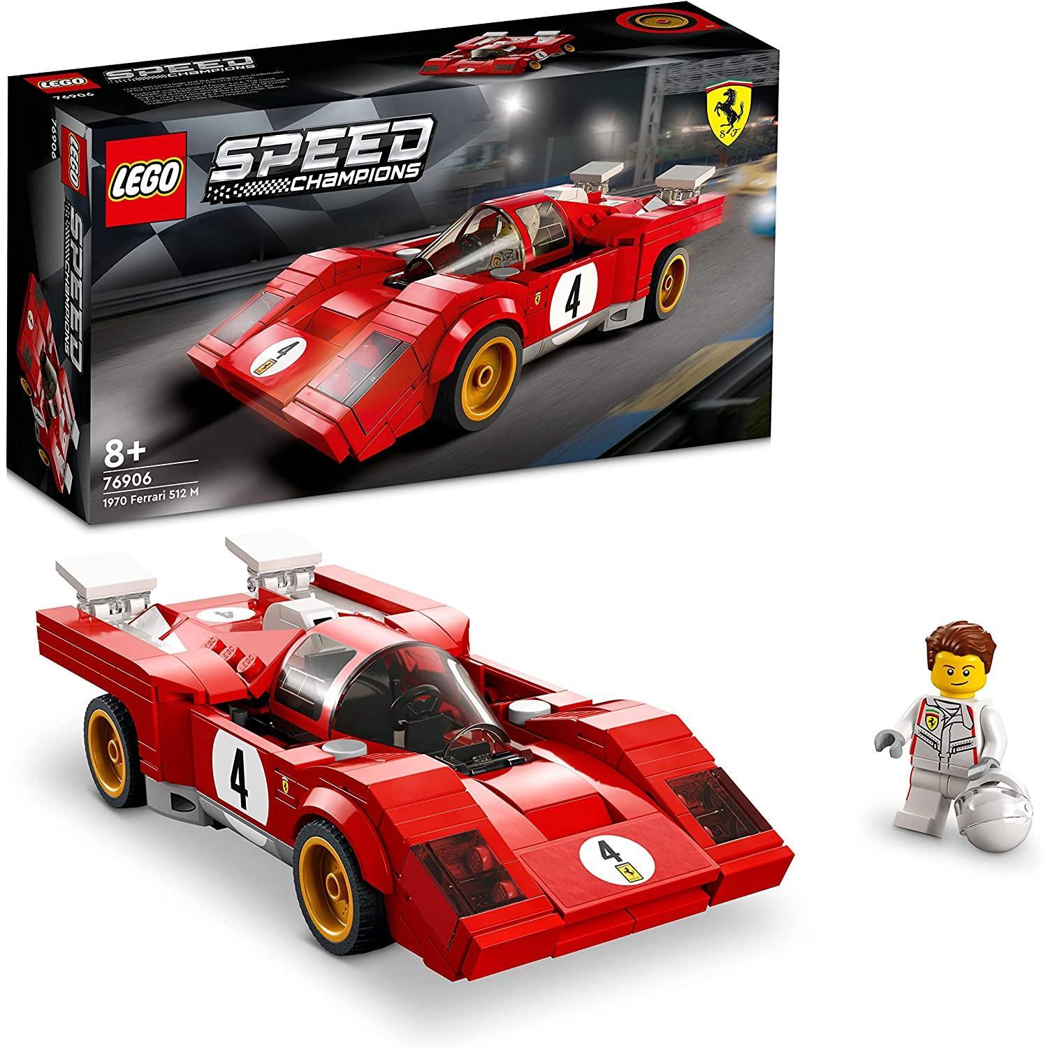 LEGO 76906 Speed Champion 1970 Ferrari 512 M, Coche de Carreras de Juguete para Niños, Deportivo Rojo con Mini Figura de Conductor