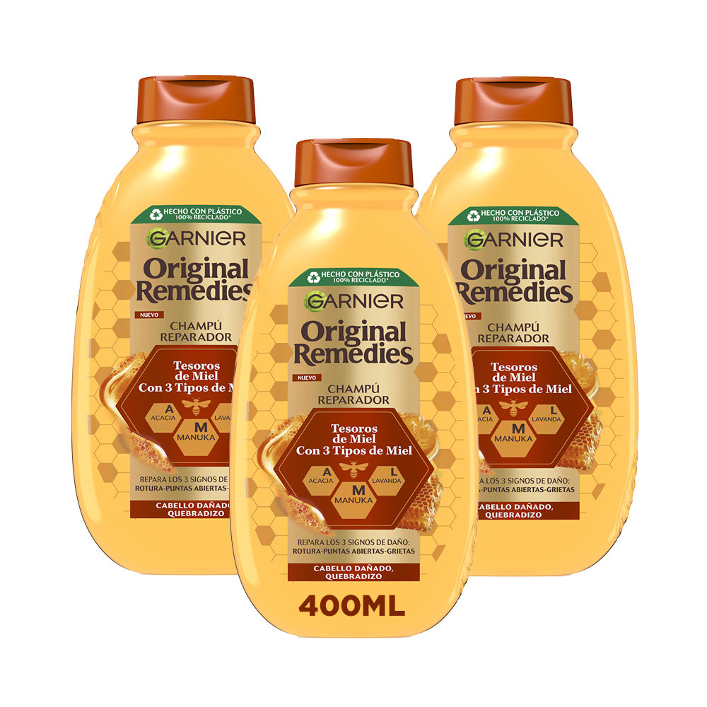 Garnier | Original Remedies Rutina de Tesoros de Miel Champú, acondicionador, Mascarilla y Serum para pelo dañado