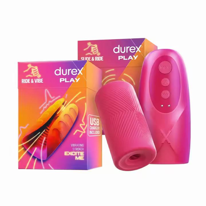 Durex Play Pack Excite Me - Kit Masturbador Vibrante Ride & Vibe + Manual Slide & Ride | 7 Modos de Vibración, Recargable USB y Resistente al Agua - 1