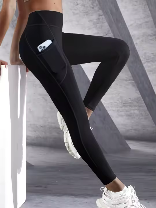Leggings De Cintura Alta Para Mujer Con Bolsillos Yoga Fitness Running Sportswear De Color Sólido Estilo Sporty Talla Grande - 1
