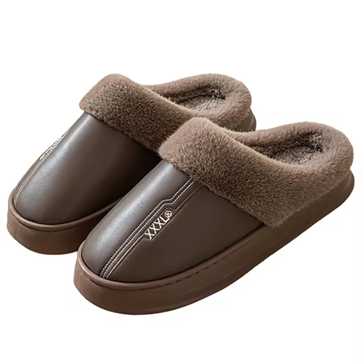 Zapatillas De Casa Para Hombre Invierno Interior Cálidas Cuero Sintético Impermeable Funda De Plush Gruesa Zapatos De Piso - 1