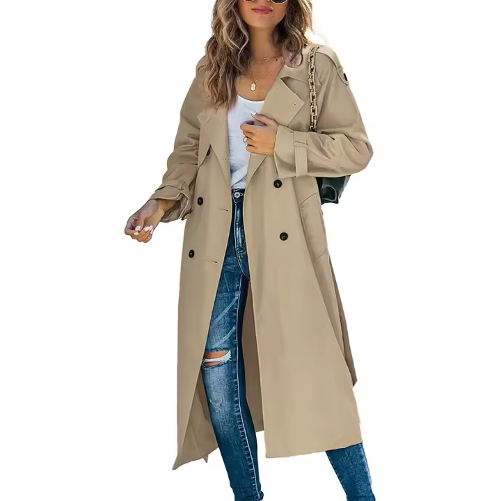 Abrigo De Trench Largo Para Mujer Con Doble Botón Y Cinturón Estilo Clásico Manga Larga Impermeable Con Bolsillos Cierre Único - 1