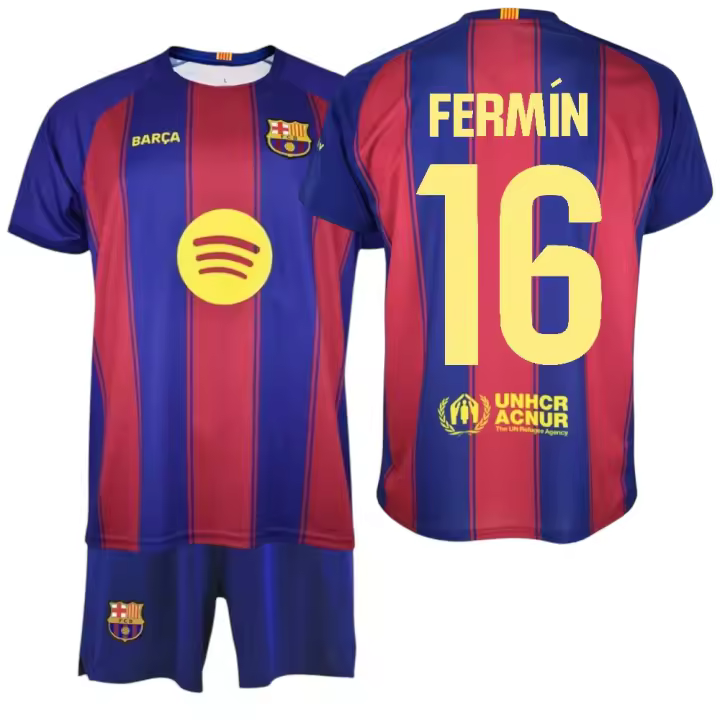 F.C Barcelona - Conjunto Camiseta y Pantalón Niño - Jugador FERMÍN Nº16 - Diseño Blaugrana Clásico - Escudo Bordado - Tejido Transpirable - Ideal para regalo - 1