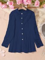 Camisa De Mujer Talla Grande Con Mangas Encaje Y Lanternas Mangas Pleated Sólido Cierre Individual Suave Estiramiento Estilo Clásico Para Todas Las Estaciones - details 4