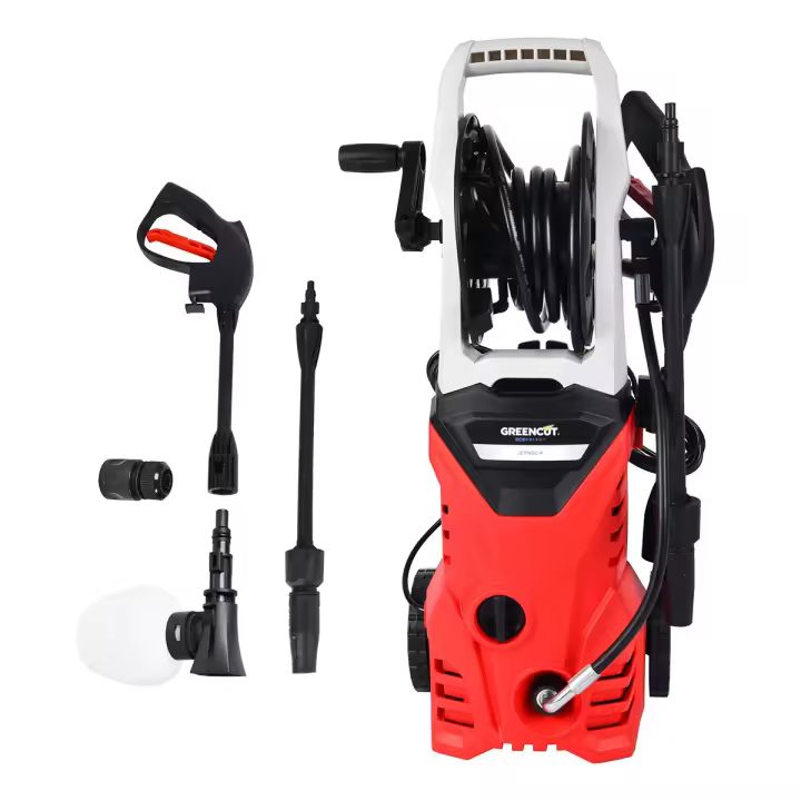 GREENCUT JET140C-4 - Hidrolimpiadora eléctrica 1400W, presión 105bar, Alta presión, caudal 7l/min, Lanza, Boquilla Regulable, Botella jabón, Conector HPC, Adaptador Entrada y Aguja Limpieza - 1