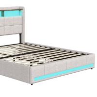 Cama tapizada capitoné con LED, puertos USB y Type-C, 4 cajones de almacenamiento, lino, beige y gris, 140x200 cm / 160x200 cm / 180x200 cm - details 5