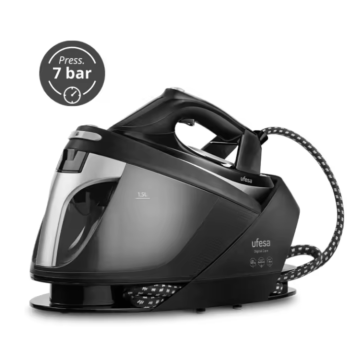 Ufesa - Centro de planchado Digital Care con bomba de presión 7 bares, 2600 W y suela VaporGlide cerámica para planchado perfecto en seco o vapor, horizontal y vertical - 1