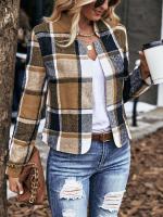 Chaqueta De Mujer Marrón Con Punto Negro Grande Cuello Erguido Abierto Para Otoño E Invierno Estilo Casual Material Poliéster - details 4