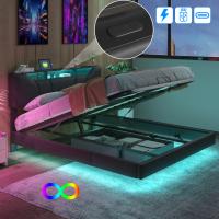 Cama tapizada 160x200 cm de PU negro con LED RGB, cabecero con estantes y puertos USB/Type-C, somier de láminas, almacenaje abatible, efecto flotante, sin colchón - details 2
