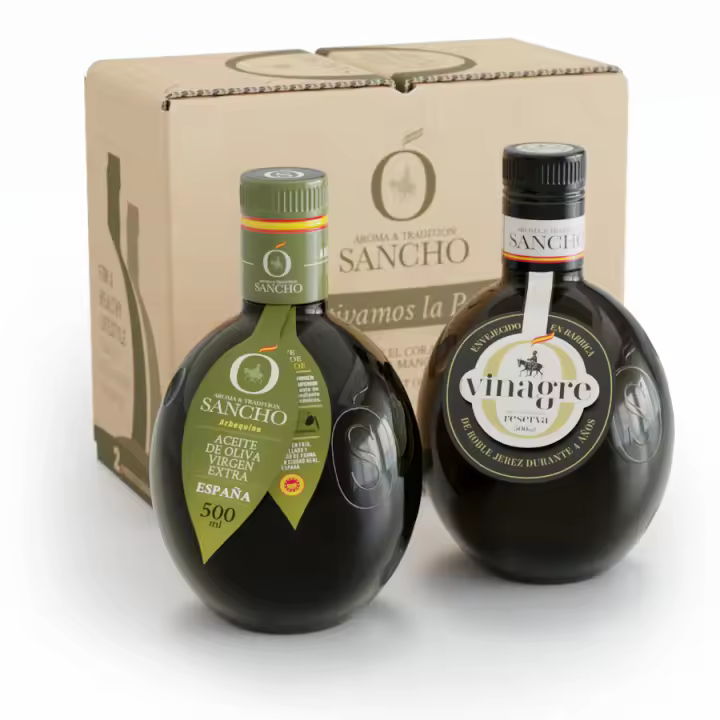 Aceite de Oliva Virgen Extra Arbequina y Vinagre de Vino Blanco Reserva pack 2 x 500 ml botella de vidrio | Surtido gourmet premium | Aroma & Tradition Sancho - 1