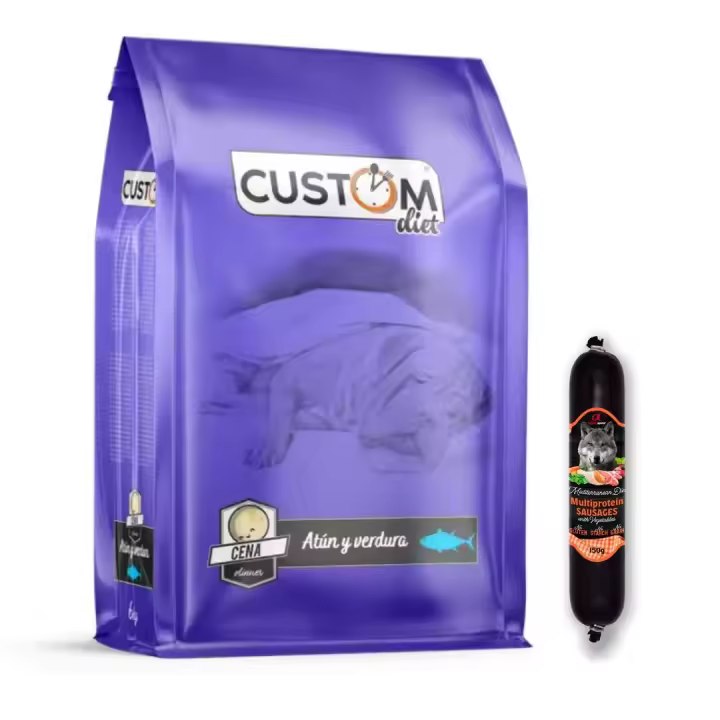 Pienso para Perros Custom Diet Atún y verdura sin Cereales (Cena) + Salchicha 150gr Alimento seco para perros 6kg hipoalergénico - 1