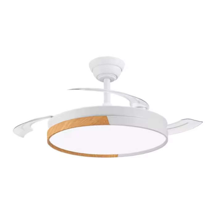 Ventilador de techo led con luz led 48W modelo AMAPOLA NIGHT con aspas retráctiles blanco/madera Ø108cm. Motor DC silencioso, Sistema CCT. Control remoto con temporizador, luz regulable en color e intensidad. Memoria, modo brisa marca CRISTALRECORD - 1