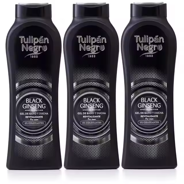 Gel de Baño y Ducha Tulipán Negro Black Ginseng para Hombres, 3x650ml, Fórmula Exclusiva con Ginseng, Revitalizante y de Máxima Hidratación, Libre de Parabenos y Colorantes - 1