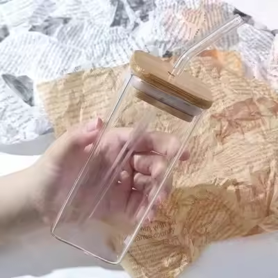 2PCS Vaso De Café Cuadrado Resistente Al Calor Con Tapa Y Pajita Para Leche Y Jugo Vidrio Transparente Para Hogar Y Barra De Bebidas Ecológicas - 1