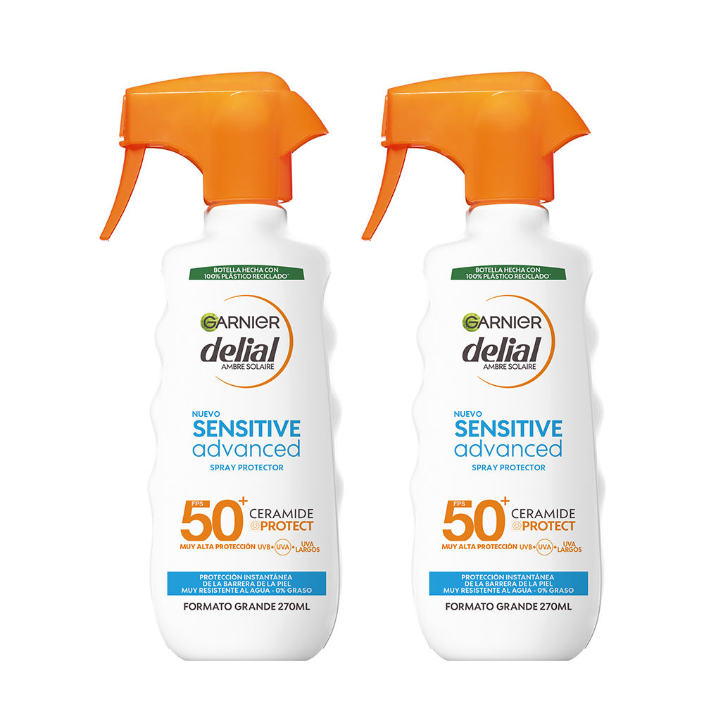 GARNIER | Delial Spray Protector Sensitive Advanced Adultos crema solar para pieles claras, sensibles e intolerantes al sol IP50+. Muy resistente al agua, 0% graso, 0% pegajoso - 2x270ML