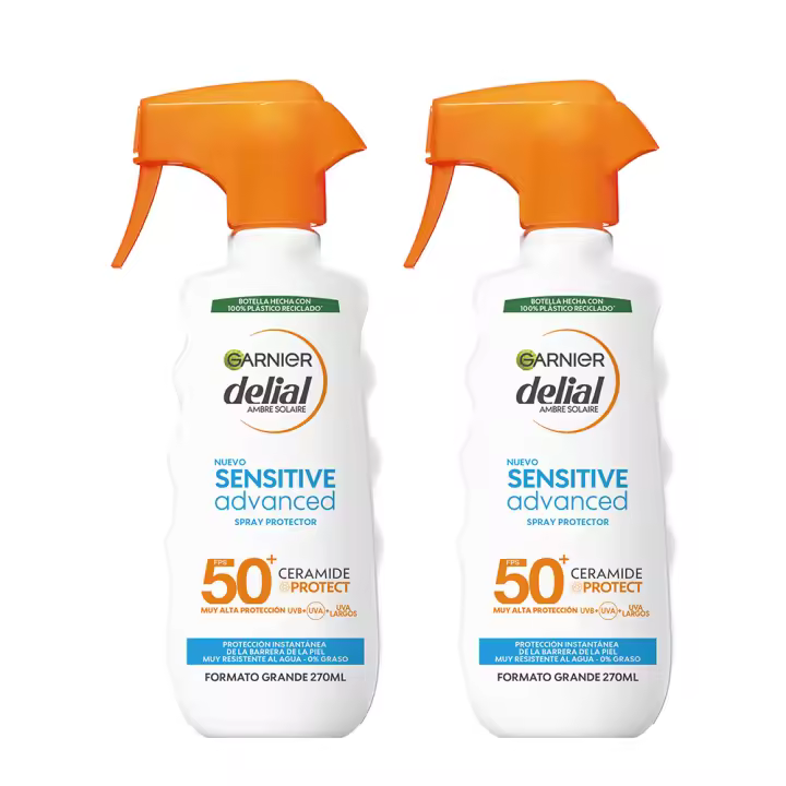 GARNIER | Delial Spray Protector Sensitive Advanced Adultos crema solar para pieles claras, sensibles e intolerantes al sol IP50+. Muy resistente al agua, 0% graso, 0% pegajoso - Pack ahorro - 1