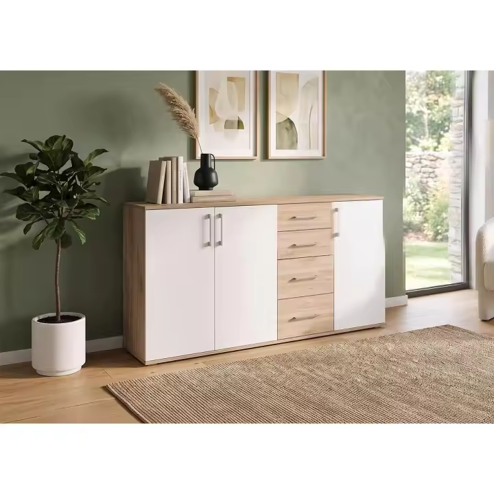Comoda Aparador Joana 3 Puertas y 4 Cajones Blanco y Cemento 160x82 cm - 1