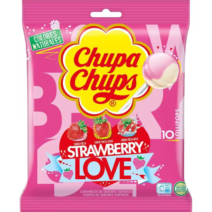 Chupa Chups Strawberry Love - Caja con 12 bolsas de 120gr - Mix de deliciosos caramelos de fresa, fresa ácida y fres-nata, sin gluten y con el palo de papel - Este producto no contiene gluten - 1