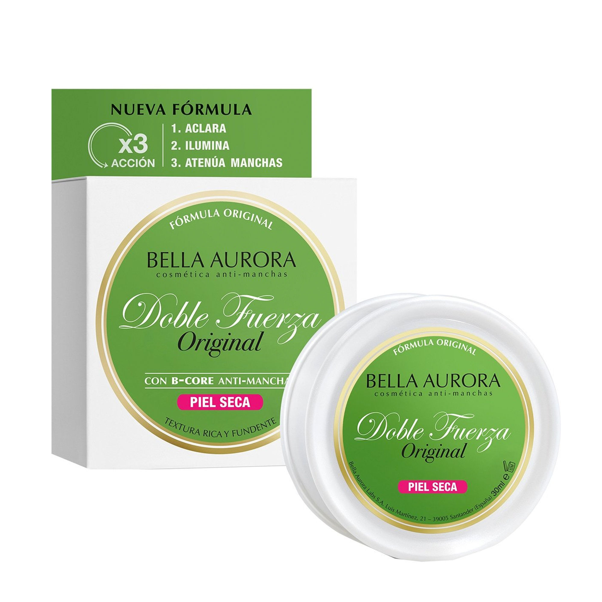 BELLA AURORA - Crema Doble Fuerza para Piel Seca 30 ml, Tratamiento Aclarante, Ilumina la Piel y Atenúa Manchas, Textura Rica y Untuosa, Crema Antimanchas e Hidratante, con B-Core