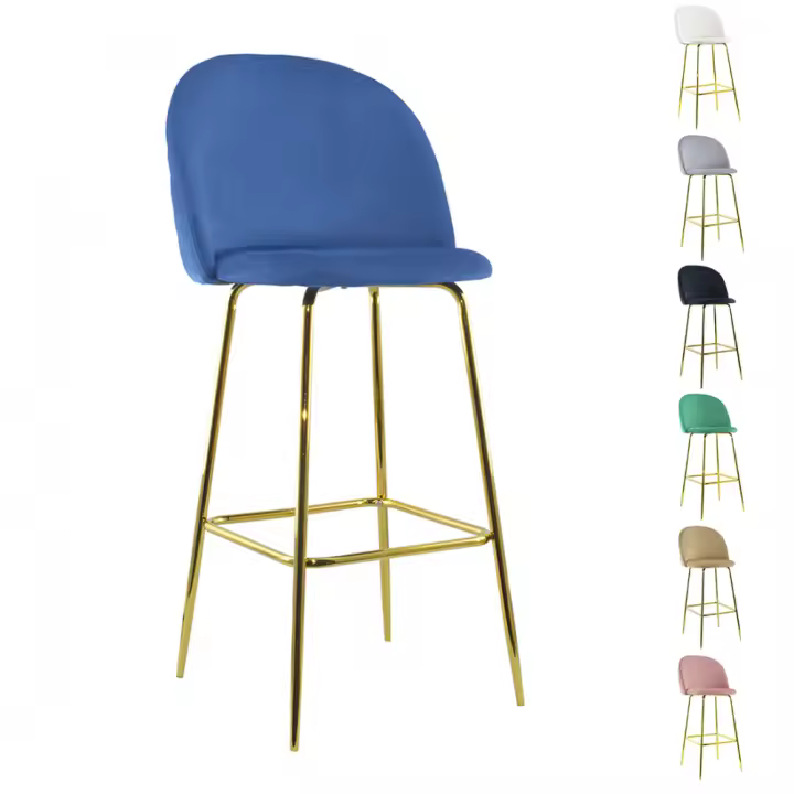 Mediawavestore Taburete GRETA Terciopelo Estructura Oro Alto Respaldo y Reposapiés Elegante - 1