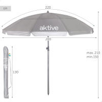 Aktive - Sombrilla de playa, gris plateado, D220 cm, mástil acero 28/32 mm, tejido nylon, protección UV50, 10 varillas, incluye funda de transporte, sombrillas de playa plegables - details 3