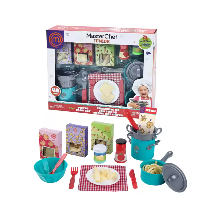 MasterChef Junior Pasta Set - Set de Preparación de Pasta con 42 Accesorios, Incluye Piezas de Fieltro, Salsas Imaginarias, Cacerolas y Más, Juego Imaginario Divertido y Educativo, Famosa (MTE04000) - 1