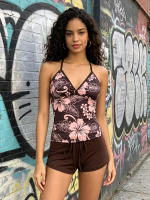 Conjunto De Playa Y2K Para Mujer Con Estampado De Hibisco Tropical Top De Hombros Delgados Con Cuello V Y Shorts De Cintura Baja Estilo Casual - details 3