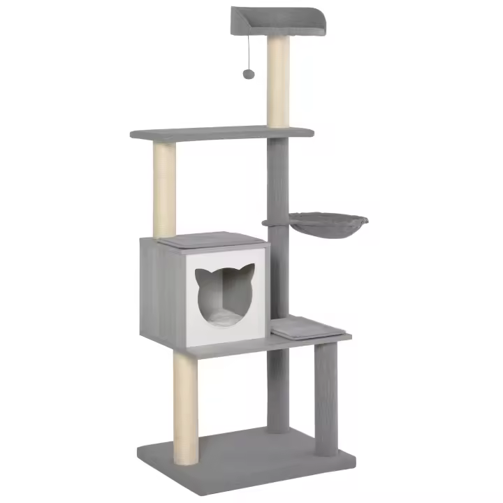 PawHut Árbol Rascador para Gatos Grande 61x49x160,5 cm Madera Torre de Escalada de Múltiples Niveles con Cueva Espaciosa Hamaca Suave Postes Juguete Colgante Cubierto de Felpa Gris - 1