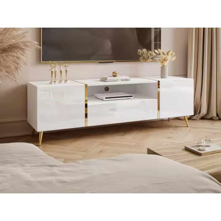 Vente-unique - Mueble TV con 2 puertas, 1 cajón y 1 estante - Blanco brillante y Dorado - MARZIALO - 1