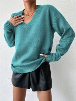 Suéter De Acryl Para Mujer Talla Grande V-Neck Manga Larga Casual Otoño Invierno Knitted Pullover De Cuello V Abierto - details 0