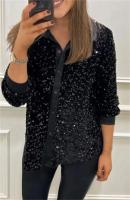 Camisa De Mujer Con Lentejuelas Casual Glitter Manga Larga Suéter Sexy Retro Para Fiesta Streetwear Negra Talla Grande - details 3
