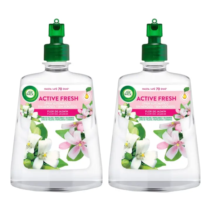 AIR WICK Pack de 2 botes de Active Fresh ambientador automático Olas del Océano y Sol Marino, Algodón suave, Flor de jazmín, Lavanda y lirio con aceites esenciales naturales recambio 228 ml - 1