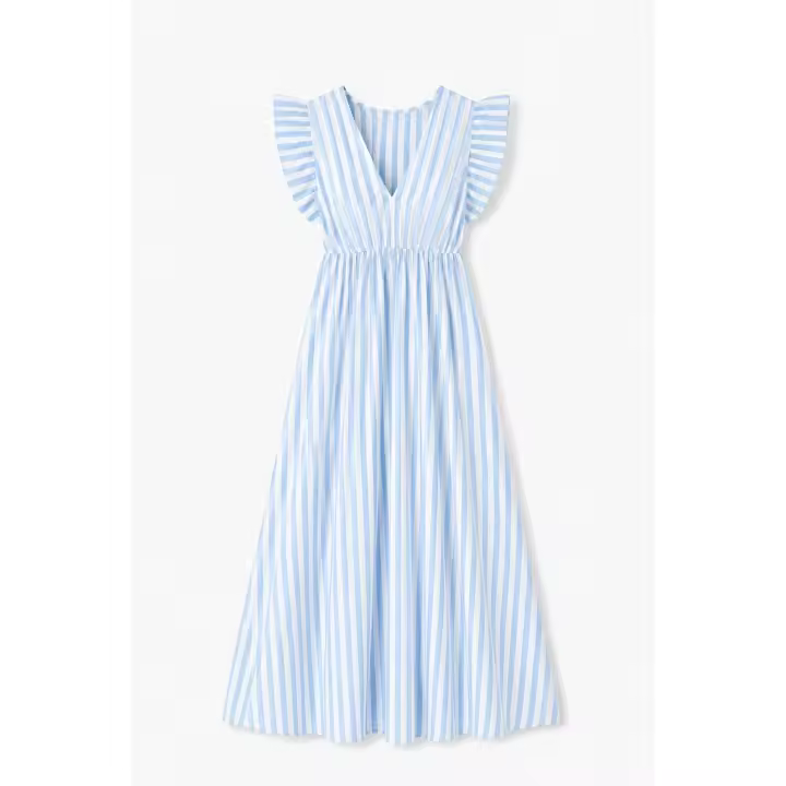 Vestido largo de rayas rosa y blanco para mujer con escote en V y mangas de volantes, tejido ligero y transpirable ideal para vacaciones, playa y eventos al aire libre, estilo mediterráneo y romántico - 1