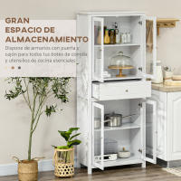 HOMCOM Alacena de Cocina Mueble Vitrina con 4 Puertas de Vidrio Templado Cajón y Estantes Ajustables para Salón Comedor 74x35,5x181,5 cm Blanco - details 3