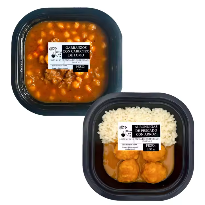 PIDE COMO EN CASA | Platos Preparados Listos para Comer | Lentejas con Calabaza + Albóndigas de Merluza en Salsa Marinera con Arroz ó Garbanzos con cabecero de Lomo + Pollo Strogonoff con Arroz | Pack 2 x 350 g - 1