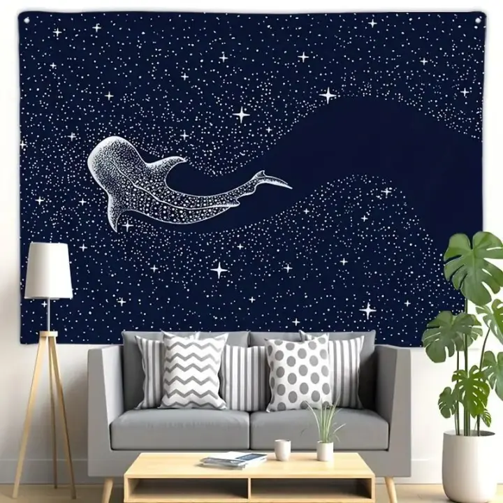 Tapiz De Pared VIKAMA Estilo Boho Aesthetic Oceánico De Ballena Y Delfín En Cielo Estrellado Para Decoración De Hogar Y Dormitorio Material Poliéster Impermeable Y Limpieza Fácil - 1