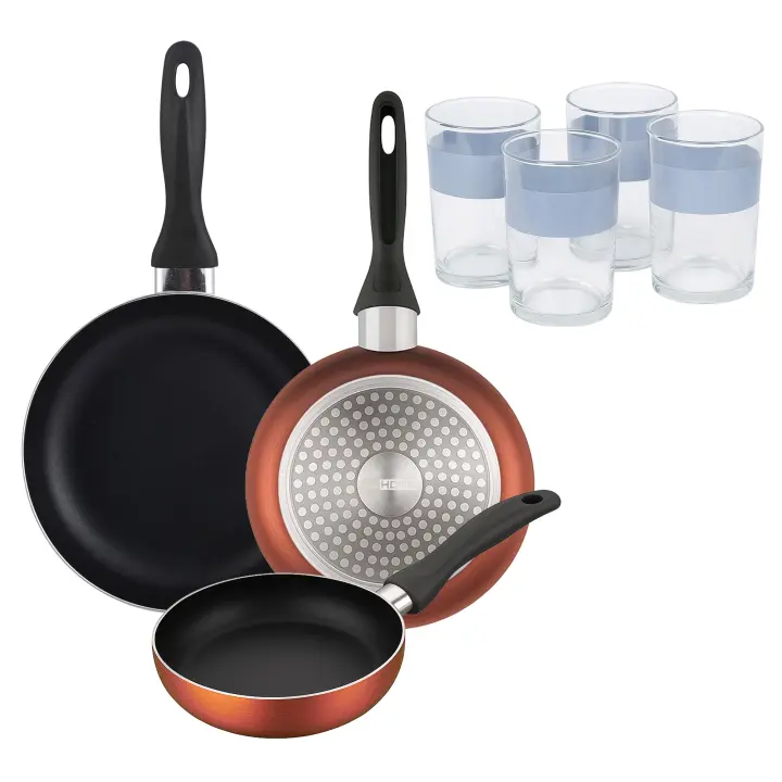 Well Home Set de 3 Sartenes Ø16Ø20Ø24cm de Aluminio prensado en Cobre metalizado+Delantal de Cocina Gris oscuro 100% Algodón 75x80cm - 1