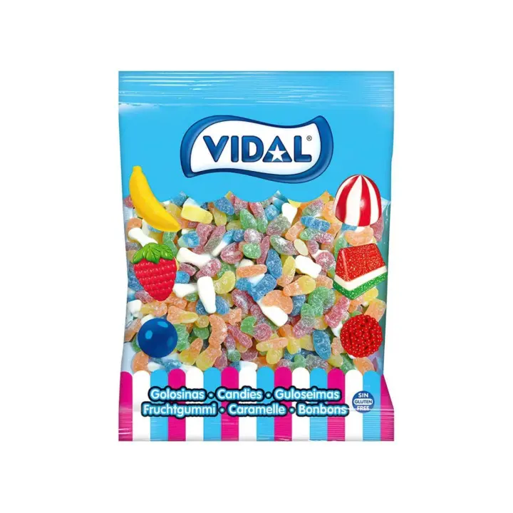 Golosinas Vidal Multisurtido Azúcar bolsa 1 Kg - Delicioso mix de golosinas con las mini delicias más apreciadas de Vidal con una cobertura de azúcar. Deliciosos sabores a cereza, limón, plátano, naranja, fresa - Sin gluten y sin grasa - 1