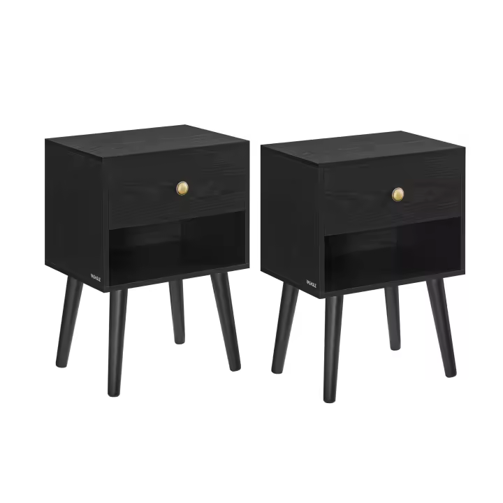 VASAGLE Juego de 2, Mesita de Noche, Mesa Auxiliar con Cajón y Compartimento de Almacenamiento Abierto, Patas de Madera, Mesa de Centro para Sala de Estar, Dormitorio, Sofá, Negro Ébano /Blanco Nieve - 1